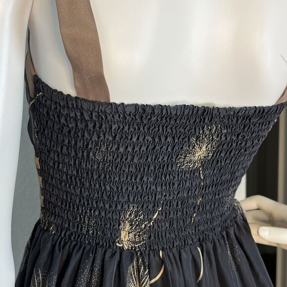 Anthropologie Burlapp Sz 2 Fit Flare 100% Silk Smocked Back Dress Black Beige - Picture 5 of 7